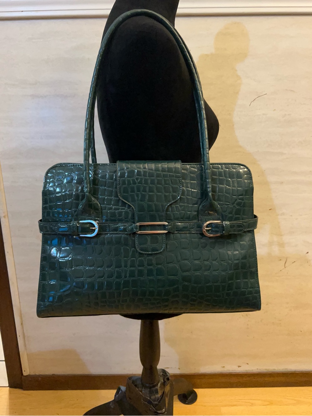 Vintage Green Croc-Embossed Structured Satchel Bag - Women